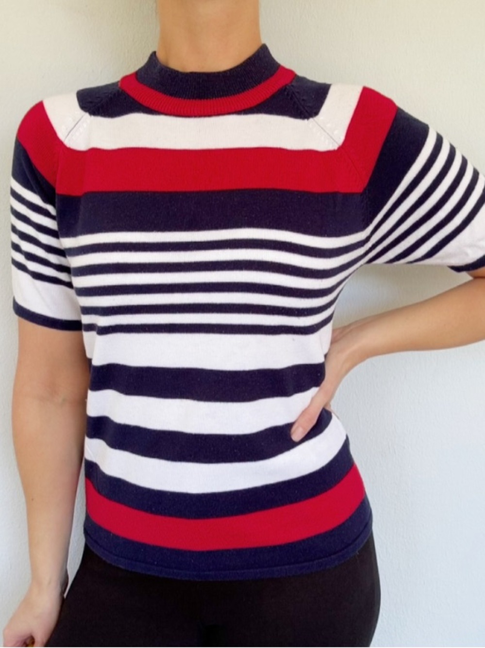 Vintage TEDDI Petite red white blue stripe mock neck short sleeve sweater medium